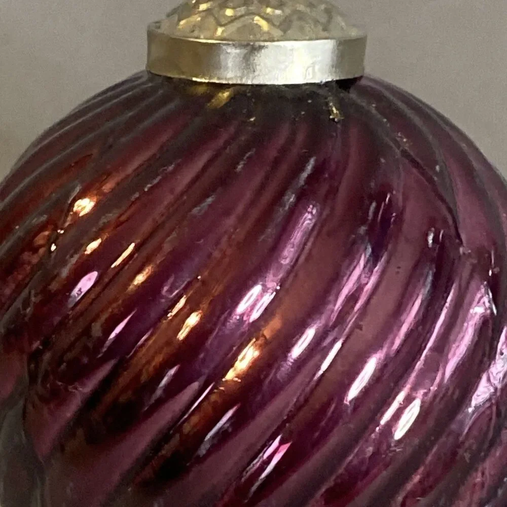 Kugel Inspired Blown Glass Ball Ornament Purple Ribbed Swirl Christmas Decor